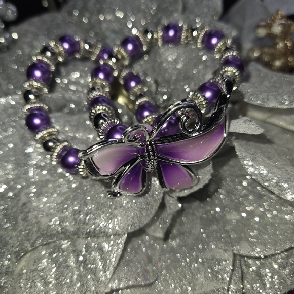 Fashion Jewelry I Butterfly Double Bracelet I Faux Purple Pearl I Expandable - Picture 6 of 9